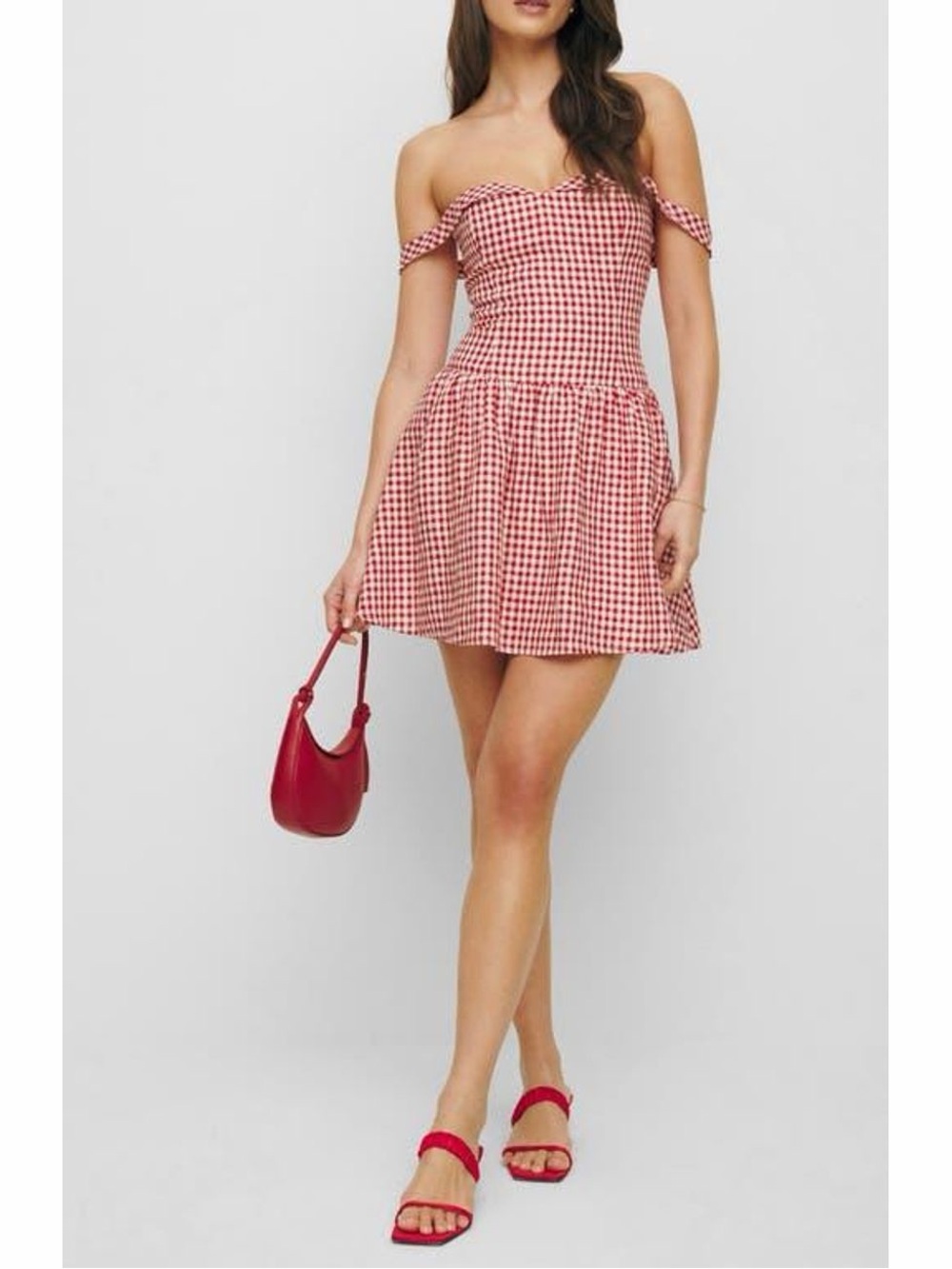 Reformation Red and White Gingham Off-Shoulder Mini Dress